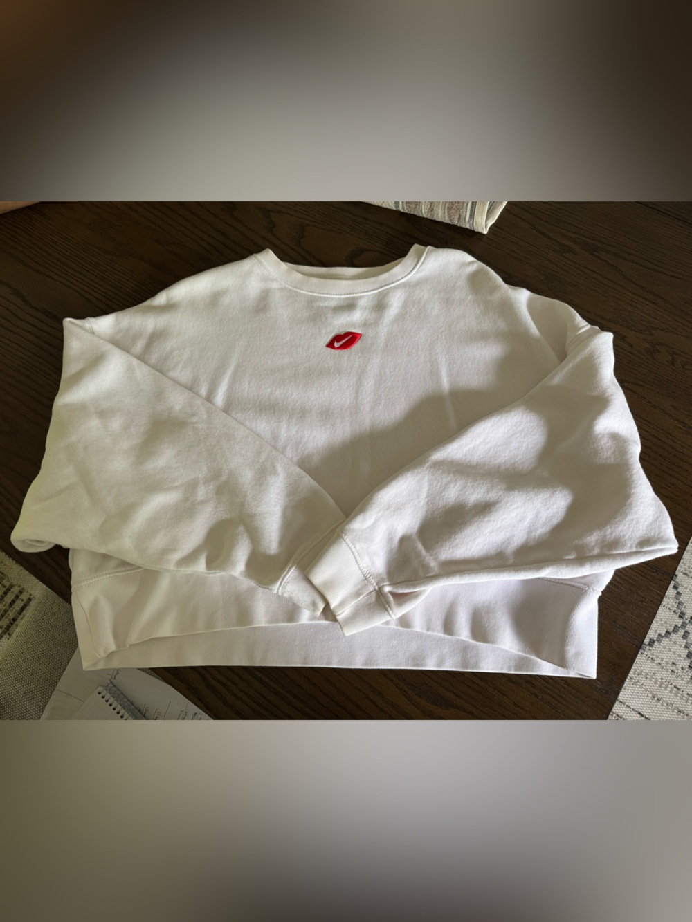 Nike White Crewneck Sweatshirt with Red Lip Patch